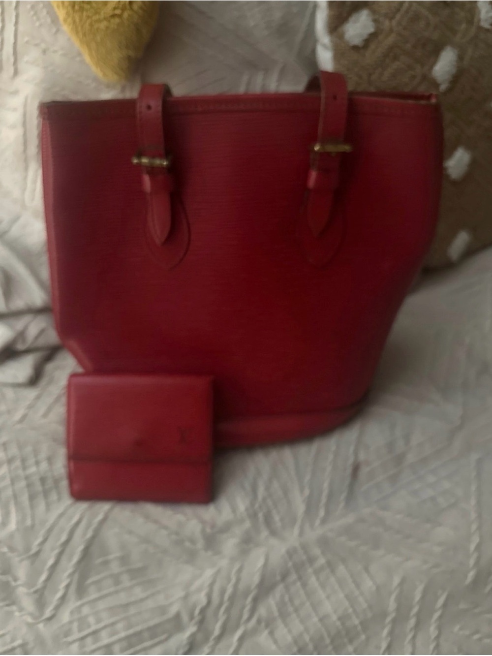 Louis Vuitton Red Epi Leather Shoulder Tote with Matching Wallet